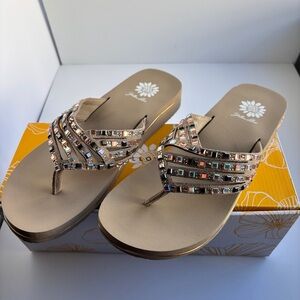 NIB Yellow Box Heram Taupe Rhinestone Wedge Sandals - Size 9